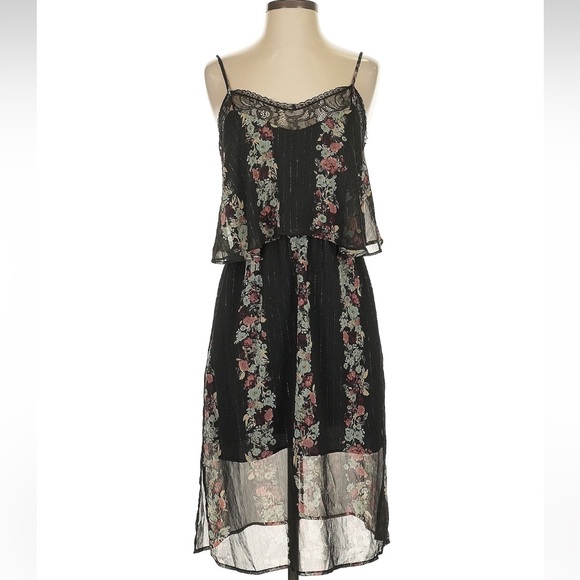 BCBGeneration Dresses & Skirts - BCBGeneration Small Black Floral Lined Midi Dress Sheer Sleeveless Flowy Layered